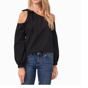 NWT CeCe black asymmetric cotton cold shoulder bow blouse